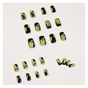 24 Piece Press On Fske Nails Dark Green Future Art Graffitti Manicure Finish